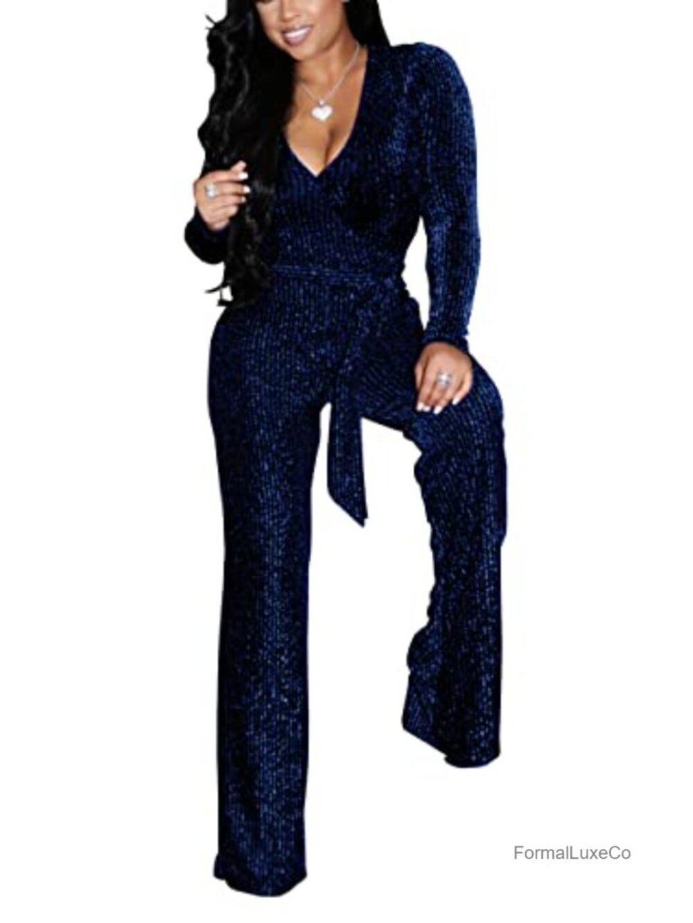 Sequin Jumpsuit Women Plus Size Long Sleeve V-Neck Wide Leg Party Clubwear
